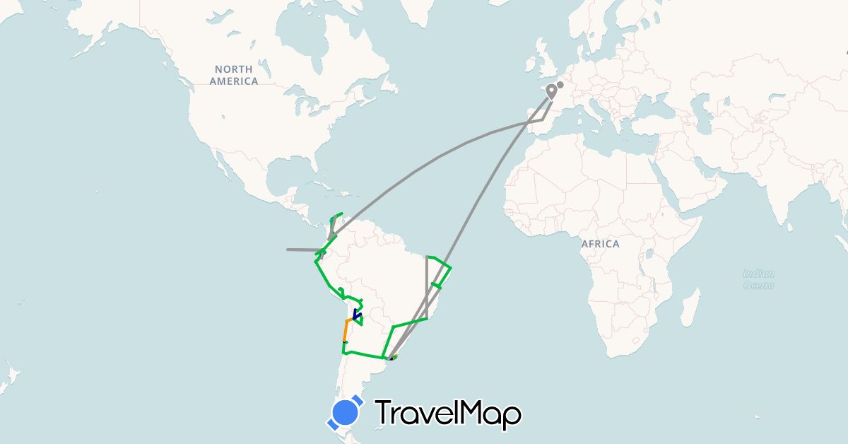 TravelMap itinerary: driving, bus, plane, cycling, hiking, boat, hitchhiking in Argentina, Bolivia, Brazil, Chile, Colombia, Ecuador, Spain, France, Peru, Uruguay (Europe, South America)